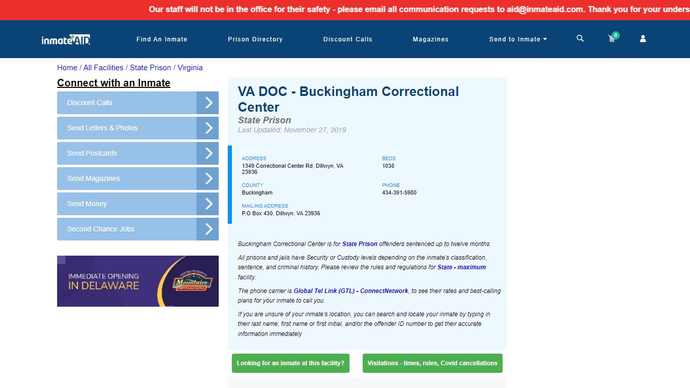 VA DOC - Buckingham Correctional Center & Inmate Search - Dillwyn, VA